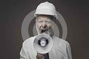 Engineer shouting into a megaphone