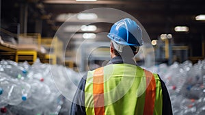 Engineer Standing and looking back The plastic bottle in the recycling industry. Neural network ai generated