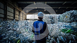 Engineer Standing and looking back The plastic bottle in the recycling industry. Neural network ai generated