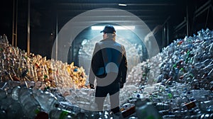 Engineer Standing and looking back The plastic bottle in the recycling industry. Neural network ai generated