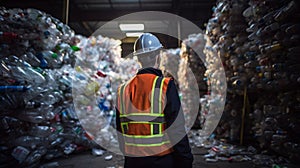 Engineer Standing and looking back The plastic bottle in the recycling industry. Neural network ai generated