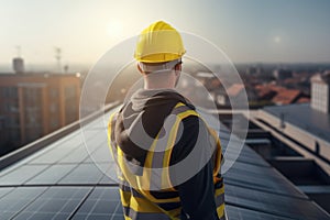 Engineer standing on top of a roof with solar panels. Generative Ai