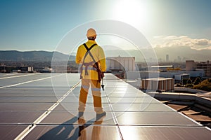 Engineer standing on top of a roof with solar panels. Generative Ai