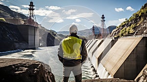 An engineer stands in front of a dam