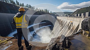 An engineer stands in front of a dam