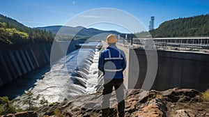 An engineer stands in front of a dam