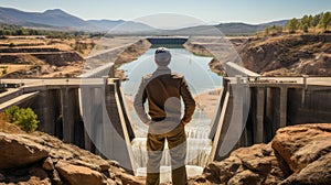 An engineer stands in front of a dam