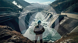 An engineer stands in front of a dam