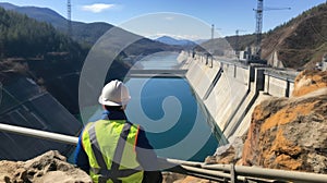 An engineer stands in front of a dam