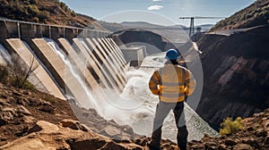 An engineer stands in front of a dam