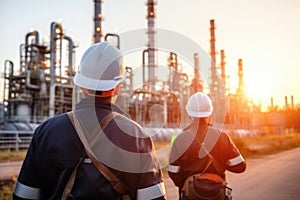 Engineer survey of oil refiner and control worker from portable radio on storage tank in sunset background