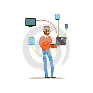 Engineer system IT administrator servicing the computer system, networking service vector illustration