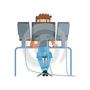 Engineer system IT administrator at work, networking service cartoon vector illustration