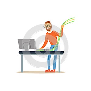 Engineer system IT administrator working with a computer, networking service vector illustration