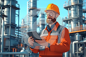 Engineer with tablet computer in front of oil refinery.