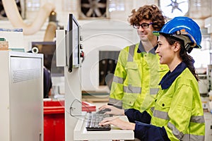 engineer team staff worker working in wooden furniture factory control operate wood cutter machine