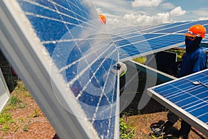 Engineer team working on replacement solar panel in solar power