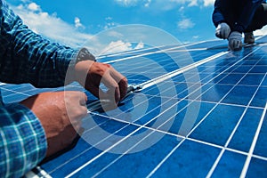 Engineer team working on replacement solar panel in solar power