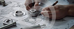 Engineer technician designing drawings mechanical parts engineering Engine.manufacturing factory Industry Industrial work project