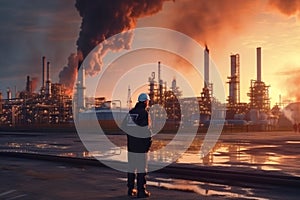 Engineer or Technician wearing safety helmet and working in petrochemical plant at sunset