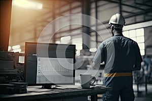 Engineer technician worker wearing safety PPE uniform that reading and recording data from display monitor, industrial controlling