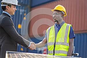 Engineer two people shake hand agreement project estate building construction, Handshake on construction site