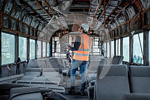 Engineer under discussion inspection and checking construction process railway switch and checking work on railroad station .Engin