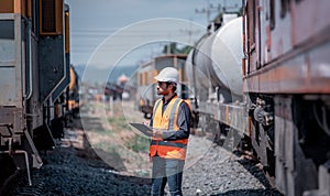 Engineer under discussion inspection and checking construction process railway switch and checking work on railroad station .Engin