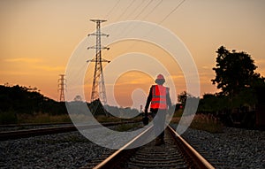 Engineer under discussion inspection and checking construction process railway switch and checking work on railroad station .Engin