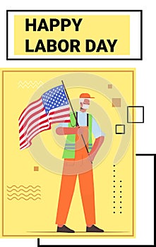 Engineer in uniform holding USA flag happy labor day concept worker wearing mask to prevent coronavirus