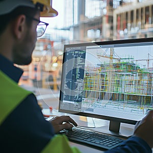Engineer using CAD software on a computer to design a construction project