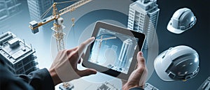 Engineer Using Digital Tablet for Building Construction Visualization