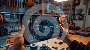 Engineer using futuristic digital tablet with augmented reality software in workshop