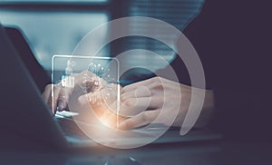 Engineer using laptop computer Create set command prompt teach AI learning, search process. develop intelligent systems. chatbot