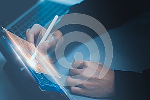 Engineer using laptop computer Create set command prompt teach AI learning, search process. develop intelligent systems. chatbot