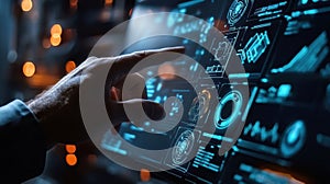 Engineer using touchscreen futuristic interface with data and statistics visualizations