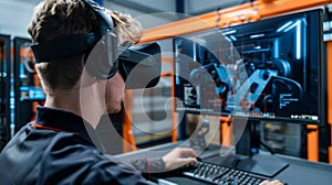 Engineer Using Virtual Reality to Interact With 3D Machinery Simulation