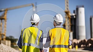 Engineer with Vests Confer Near the Construction Site, Igniting Project Progress. Generative AI