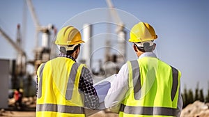 Engineer with Vests Confer Near the Construction Site, Igniting Project Progress. Generative AI