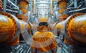 Engineer walking through industrial pipelines in thermal power plant
