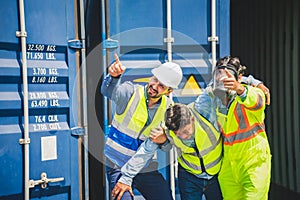 Engineer wear PPE urgently assisted the male technique inside container as Chemical spill in the container shipping industry