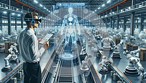 Engineer wearing AR headset overseeing automatic android production line in a futuristic factory