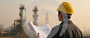 Engineer Inspecting Industrial Plant with Blueprint