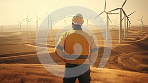 Engineer wearing uniform and helmet walking survey the land area at wind turbines farm
