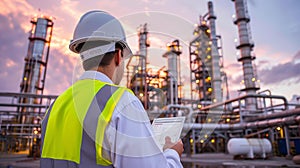 Engineer in white helmet inspecting data at oil refinery with towering structures and dynamic sky