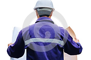 Engineer with white safety helmet holding construction project plan isolated on white background