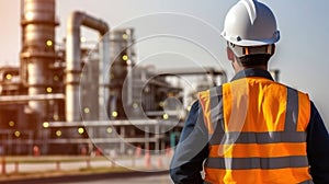 Engineer in a White Safety Helmet Standing in front of Oil Refinery. Generative AI