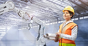 Engineer work with 3d rendering robotic arms