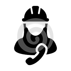 Engineer worker icon vector female Construction service person profile avatar with phone and hardhat helmet in glyph pictogram