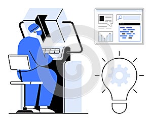 Engineer Operating Futuristic Machine Interface with Data Display and Innovation Concept